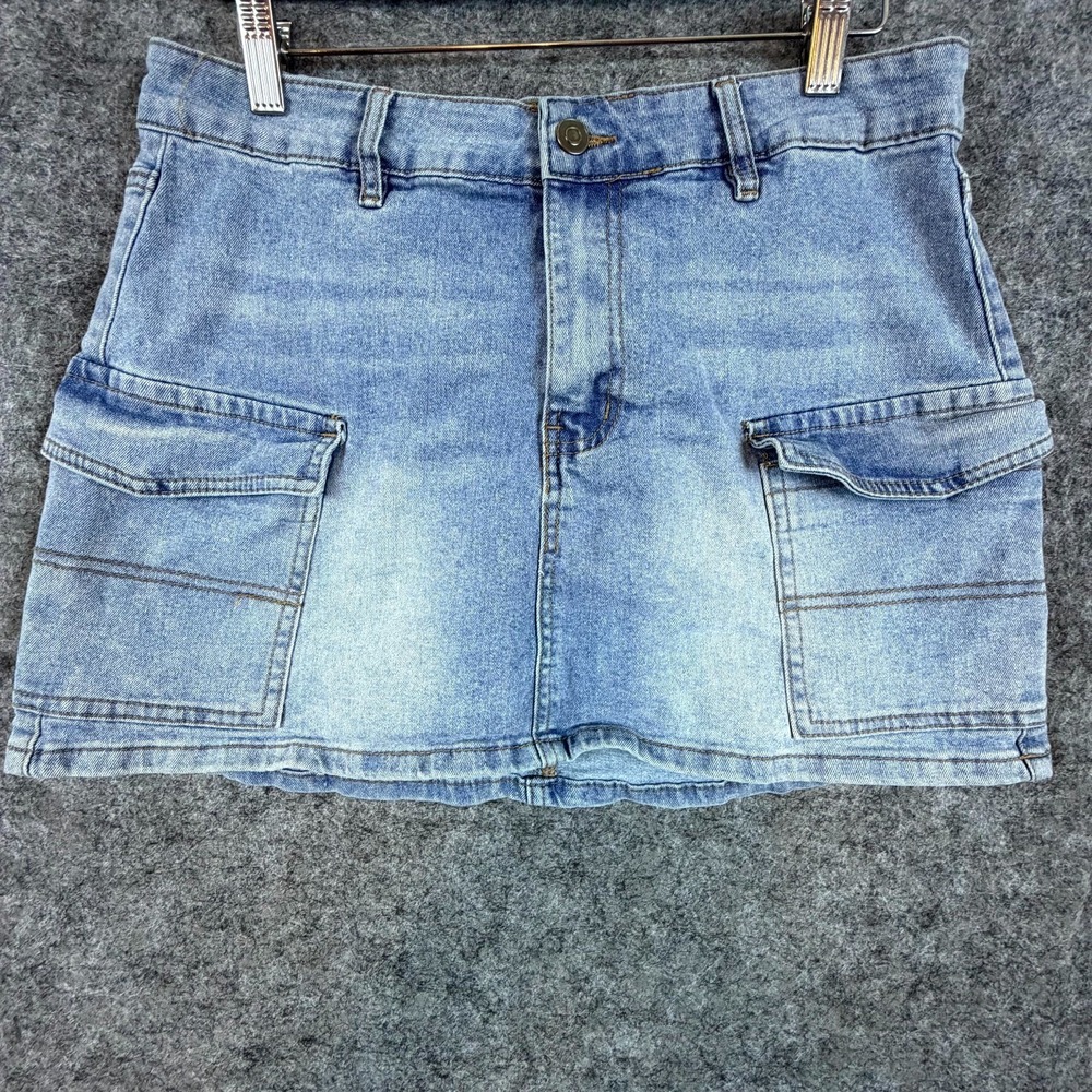 Project Rebel‎ Mini Jean Skirt Womens Large Blue Denim Y2K 90s Cargo Pockets